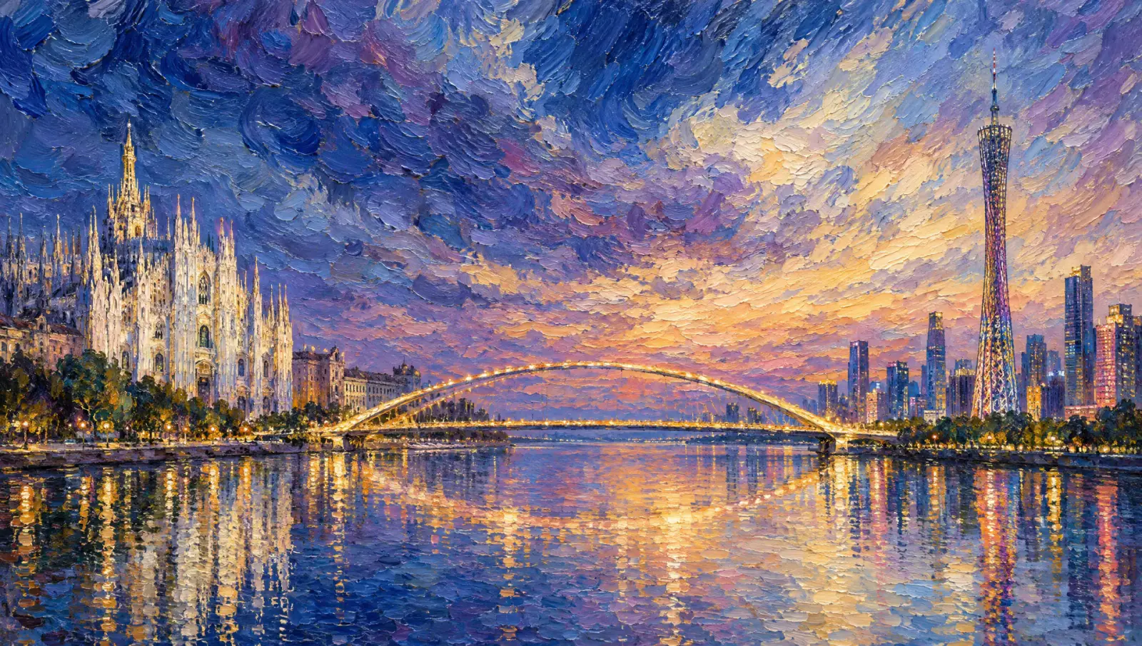 An impressionist painting of a bridge of light joining the spires of Milan and the lattice tower of Guangzhou at dusk