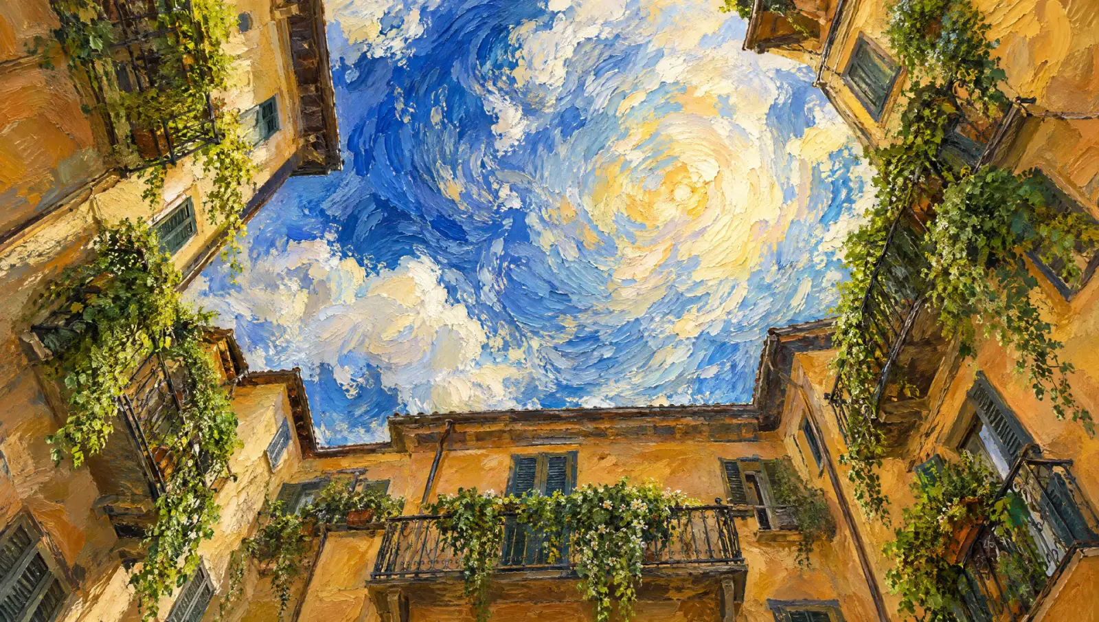 An impressionist painting looking up from a Milan courtyard with balconies and plants toward a swirling blue and gold sky