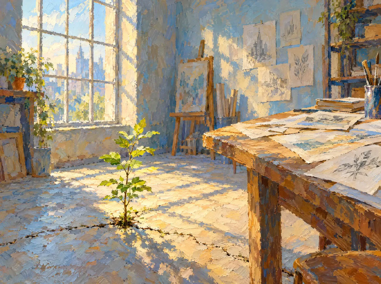 An impressionist painting of a young sapling growing through the floor of a sunlit, empty design studio